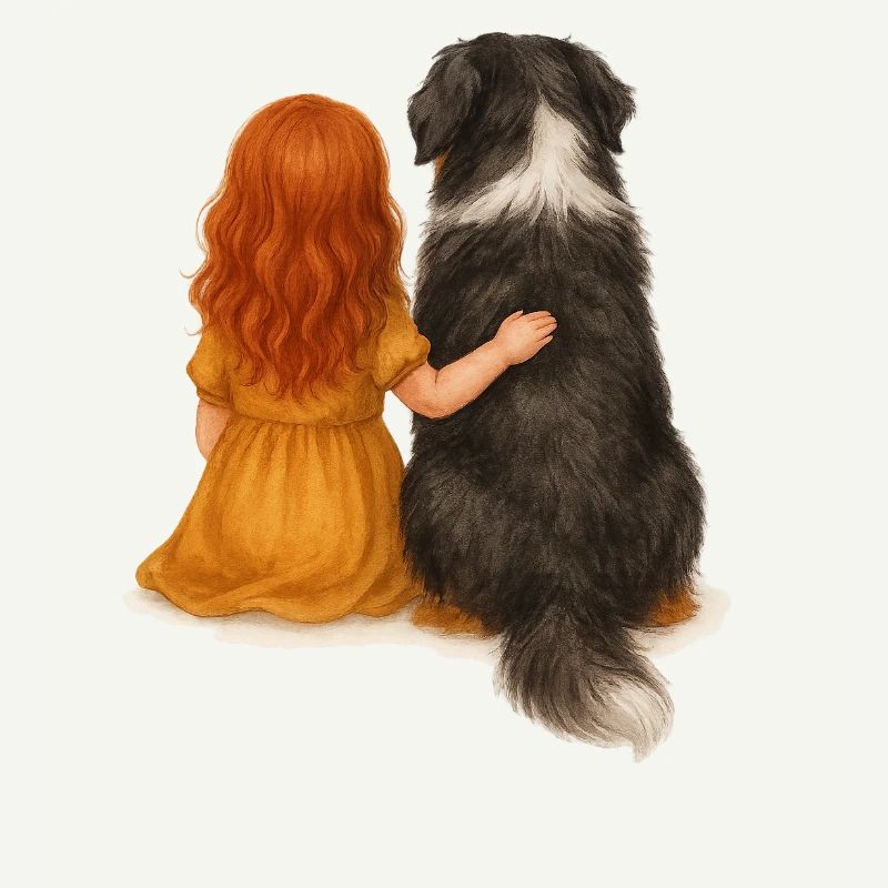 Rothaariges Mädchen mit Berner Sennen Hund