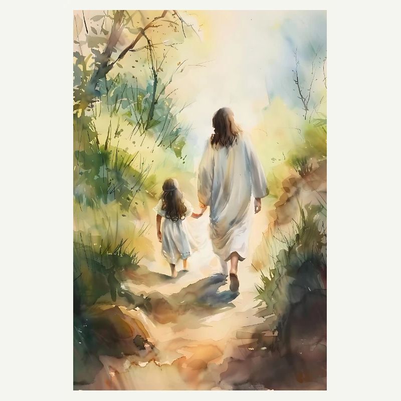 Jesus Wandeln Mit Einem Mädchen, Aquarellmalerei,