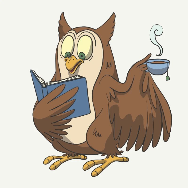 Bücher Eule mit einer Tasse Tee