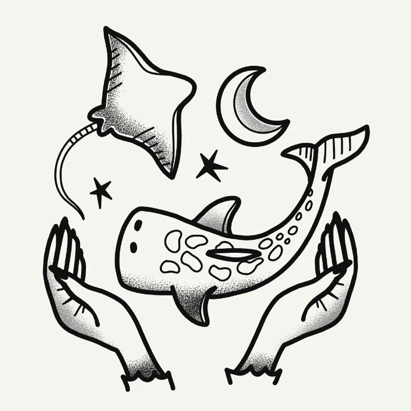 Witchcore Tattoo style Hands, Whale shark stingray