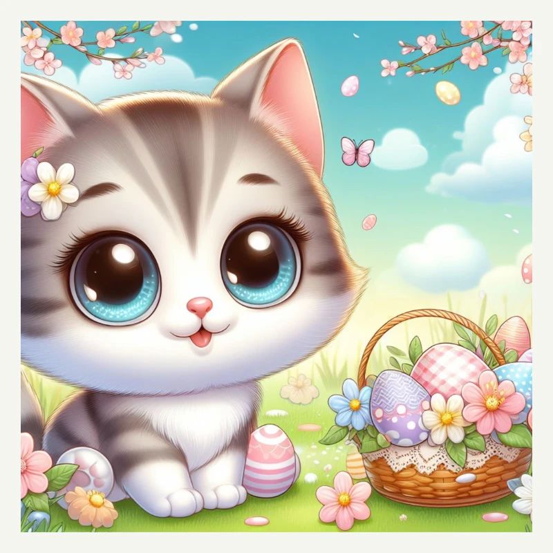 Chaton mignon au printemps avec panier de fleurs