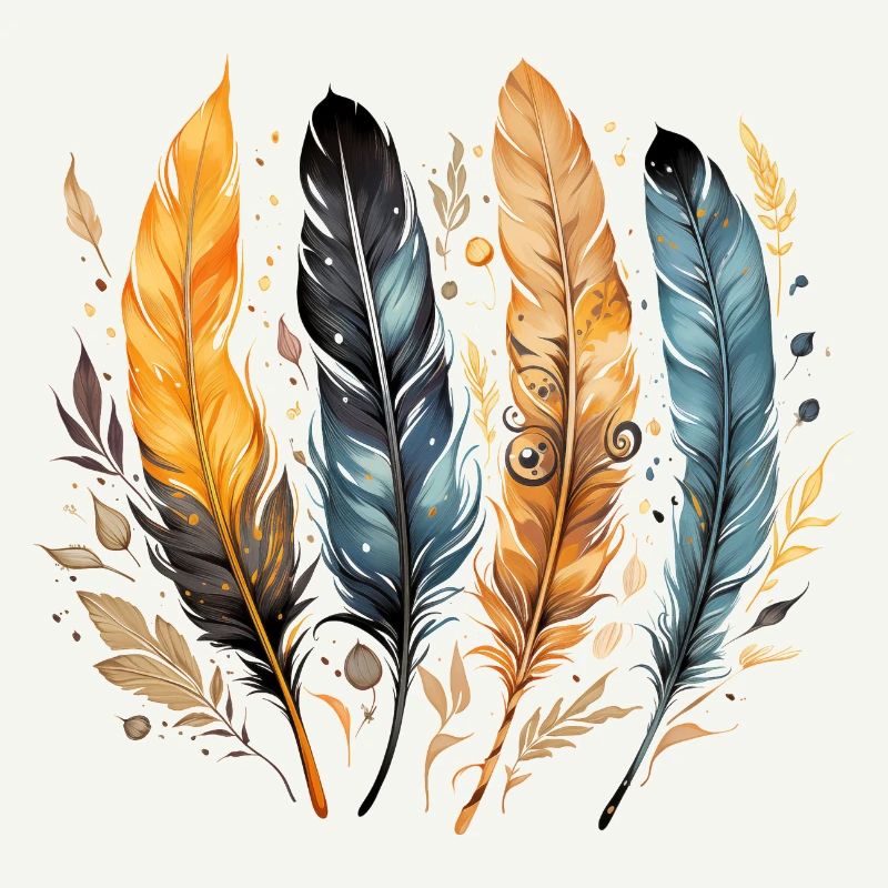 4 einzelne Vogel Federn nebeneinander, Indianer