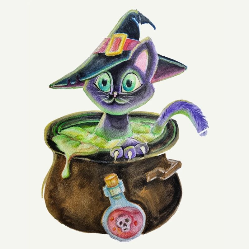 Chat sorcière dans une marmite
