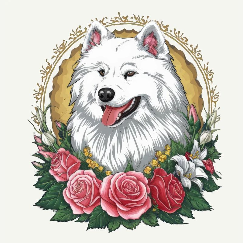 Spitz Samoyède doux aux roses et aux lys