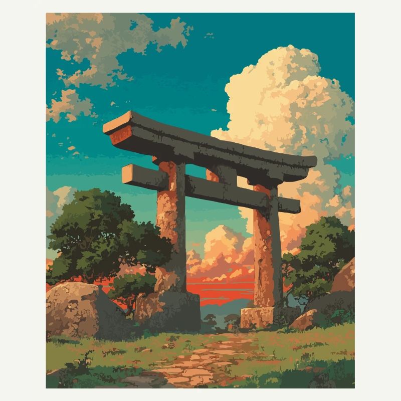 Coucher de soleil derrière la porte traditionnelle Torii