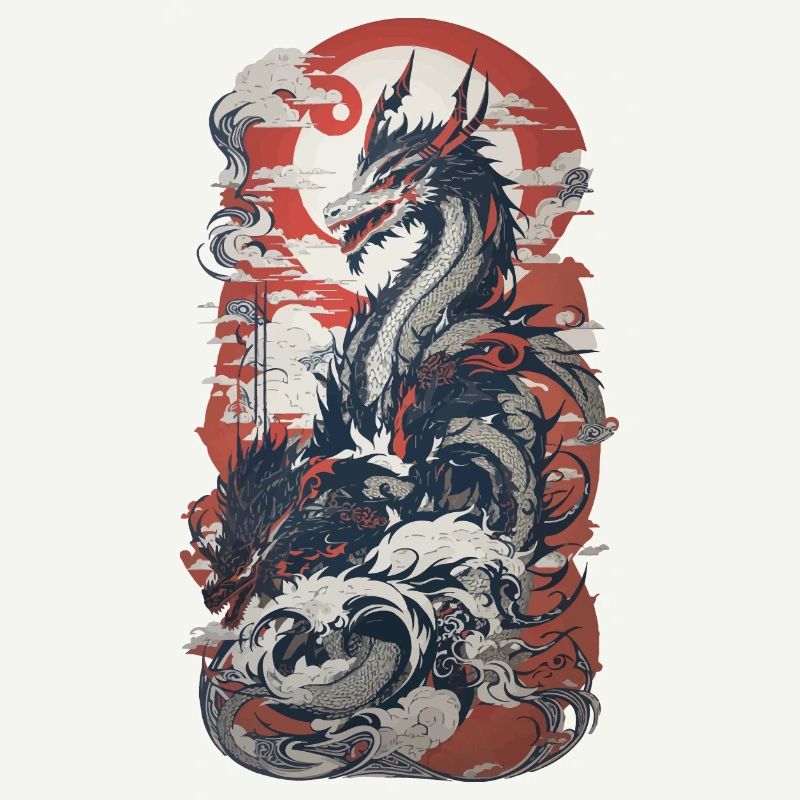 Ukiyo-E Style Dragon in Retro Design Art
