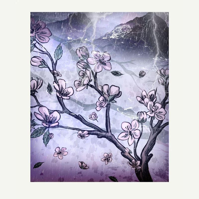 Japanese Art Cherry Blossom Tree Rain and Thunder
