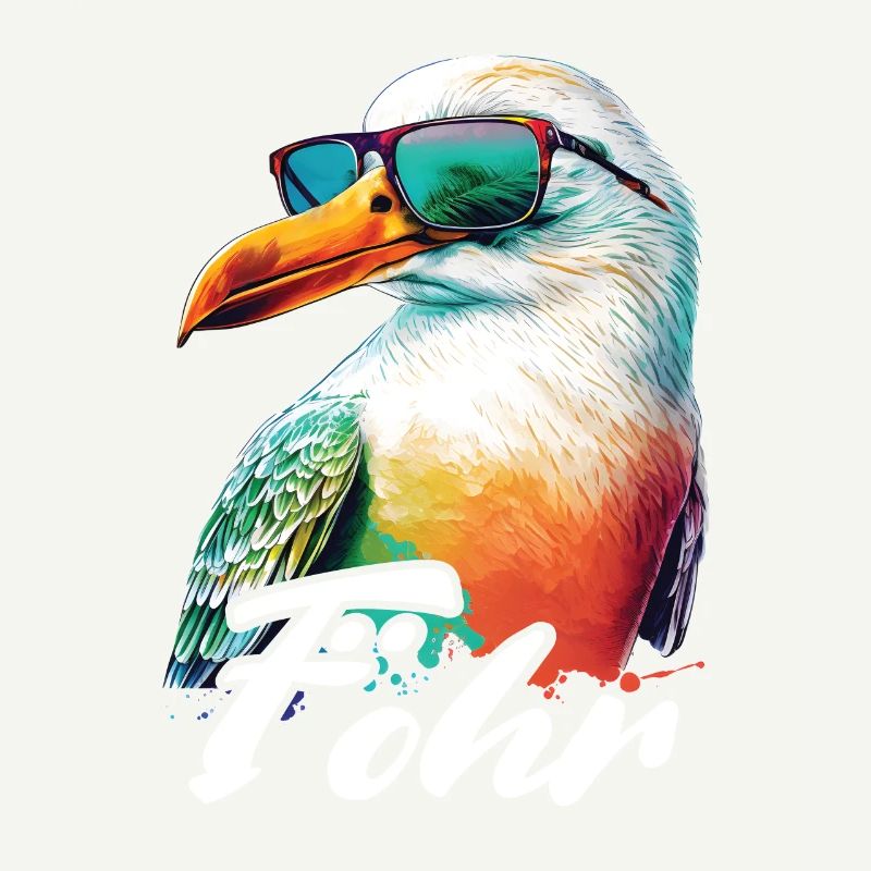 Föhr Urlaub coole bunte Möwe mit Sonnenbrille