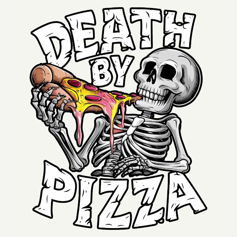 Humorous Skeleton Eating Pizza Graphic Design
