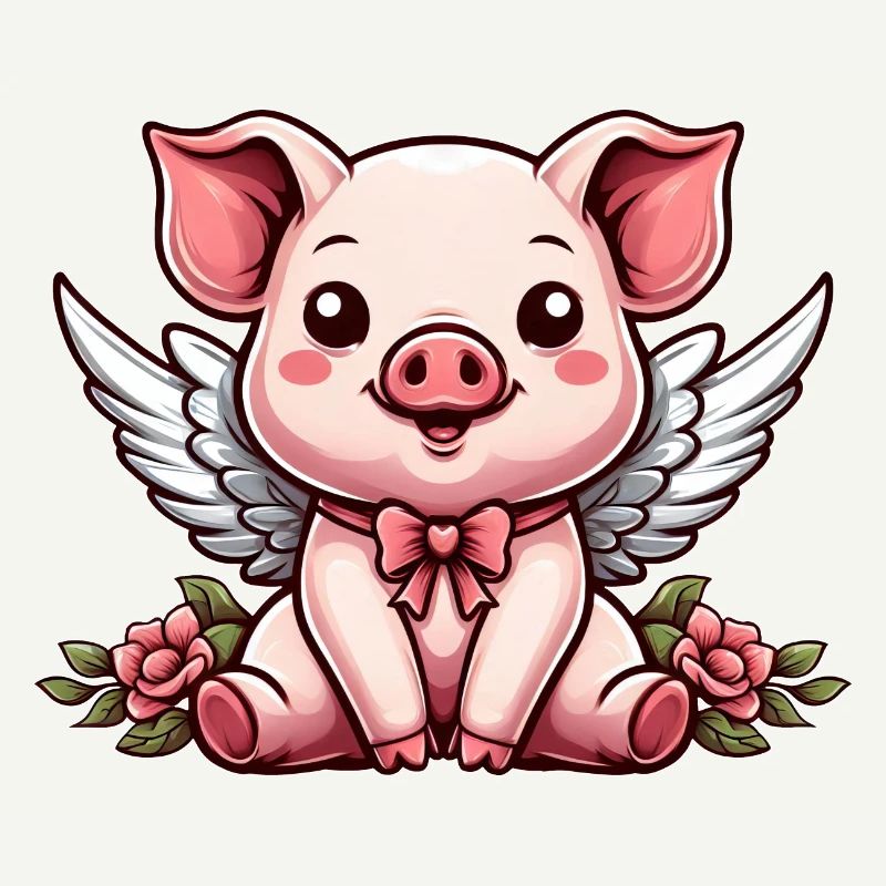 Mignon Cochon Ange Roses Dessin Animé Ailes