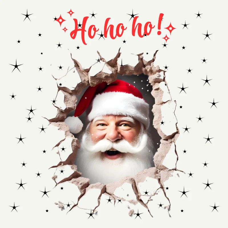 Der Weihnachtsmann lugt durch ein Loch in der Wand