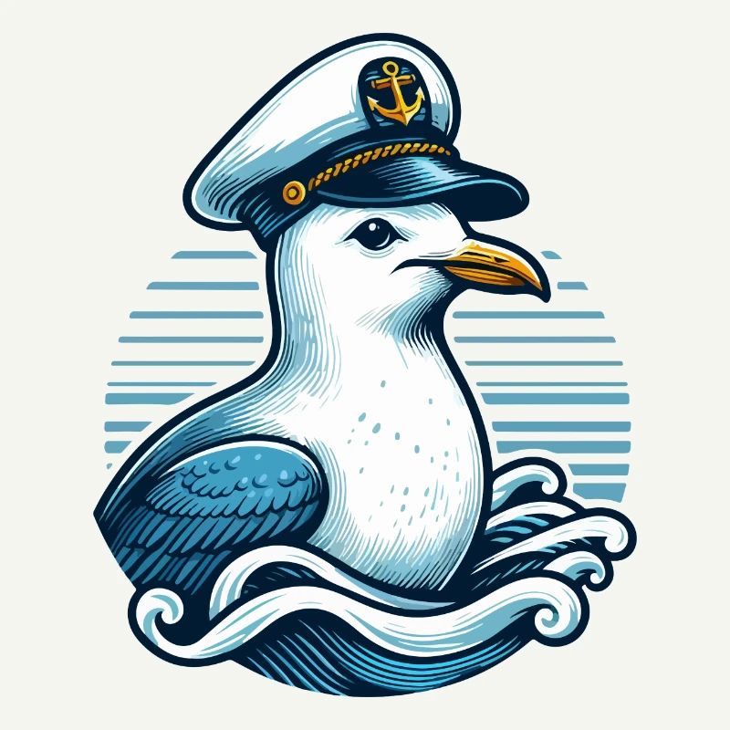 SEAGULL CAPTAIN CAP SEA WAVES MARITIME BLUE ANCHOR