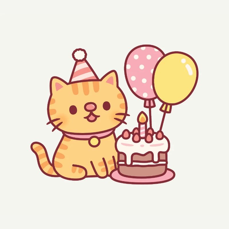 Süße getigerte Katze mit Geburtstagstorte und Luftballons