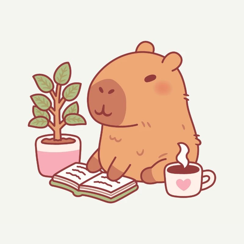 Cute Capybara Enjoying A Good Read And Coffee