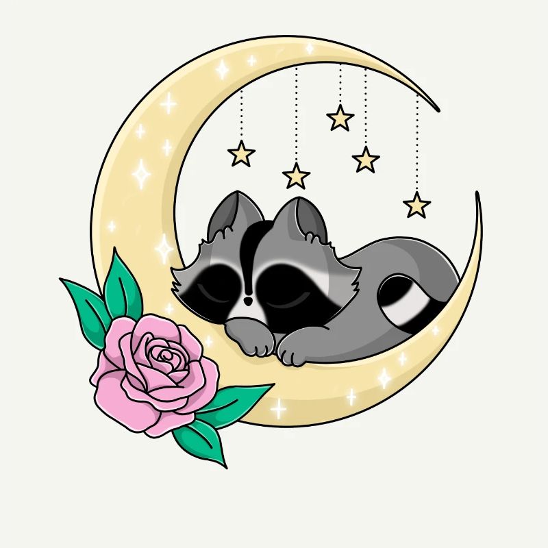 Snuggles der Waschbär schlafend im Mond