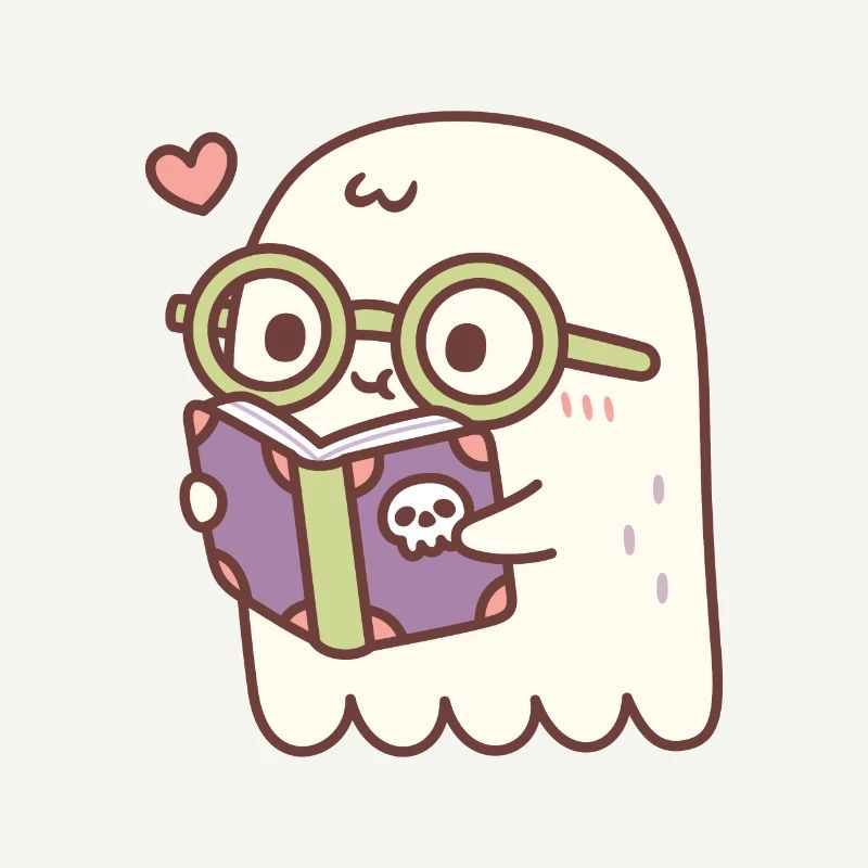 Fantôme mignon lisant un livre avec un crâne