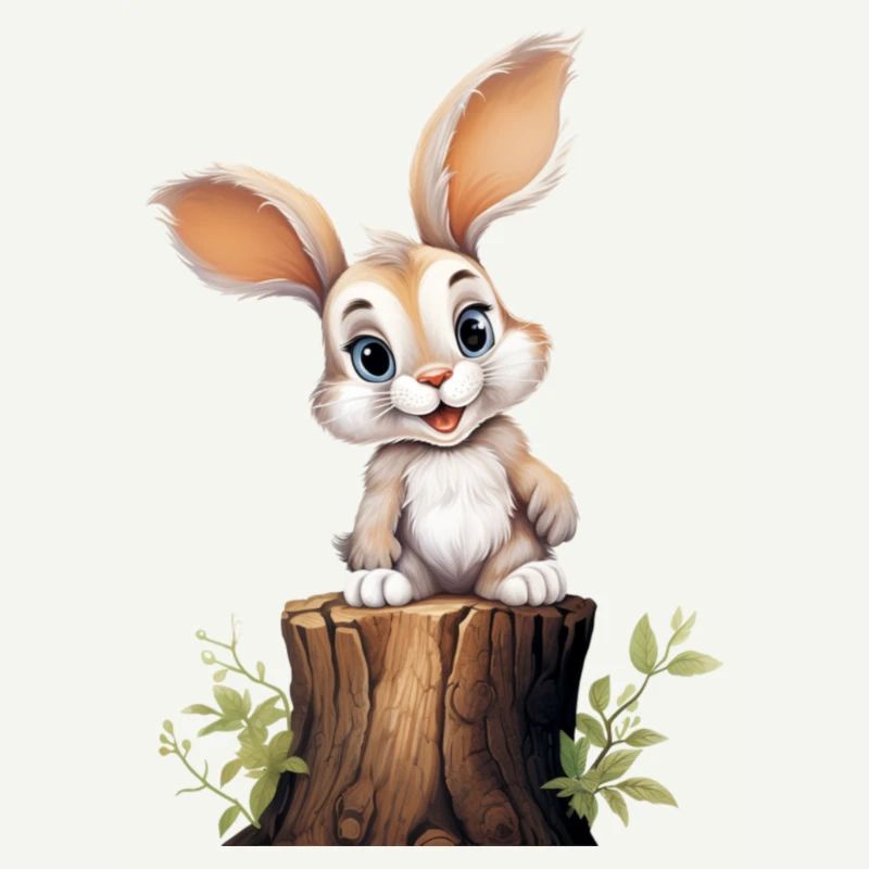 Cute bunny sitting on a tree trunk and smiling