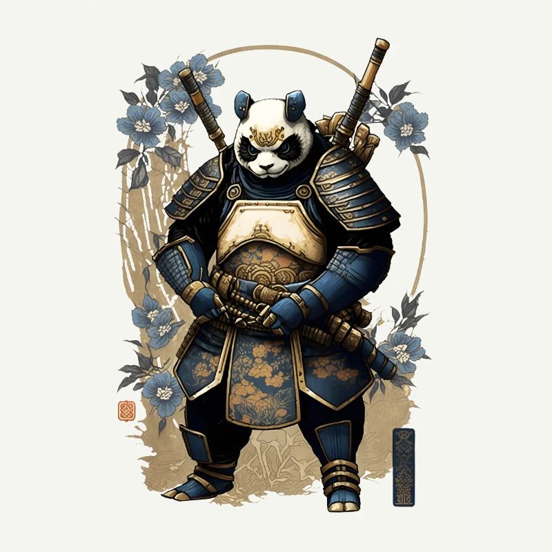 Panda in samurai armor in ukiyo-e style