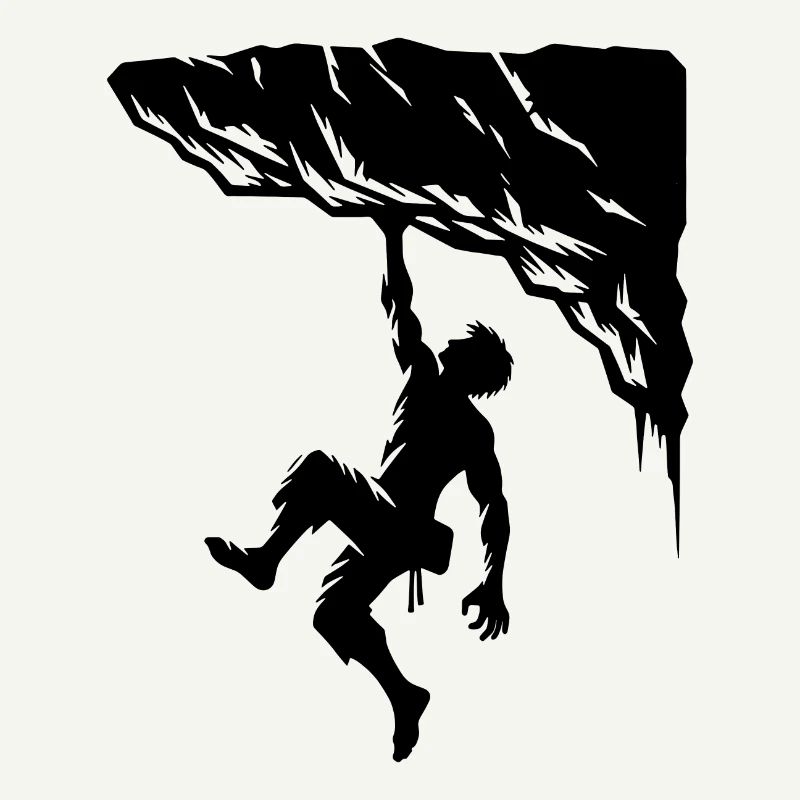 Overhang rock with man free climbing