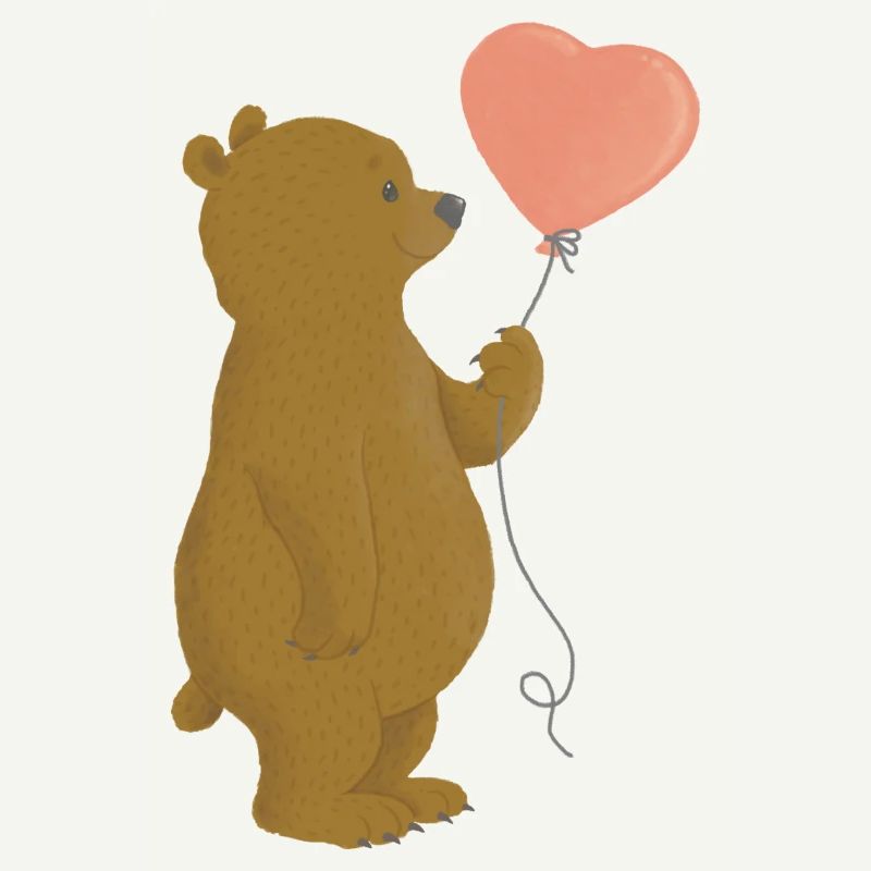 Fröhlicher Bär mit rosa Herz-Luftballon