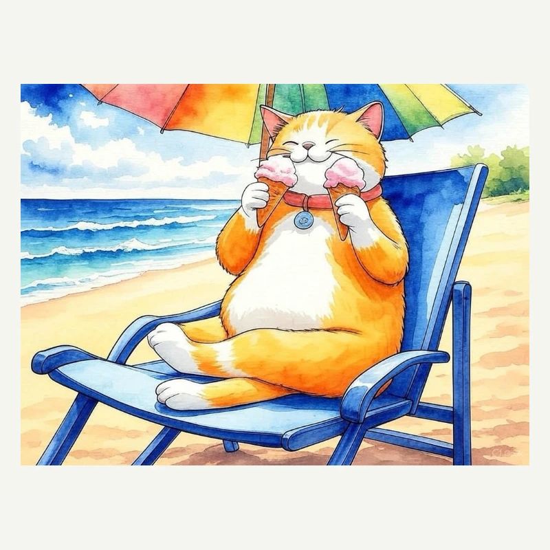 Katze am Strand mit Eiscreme
