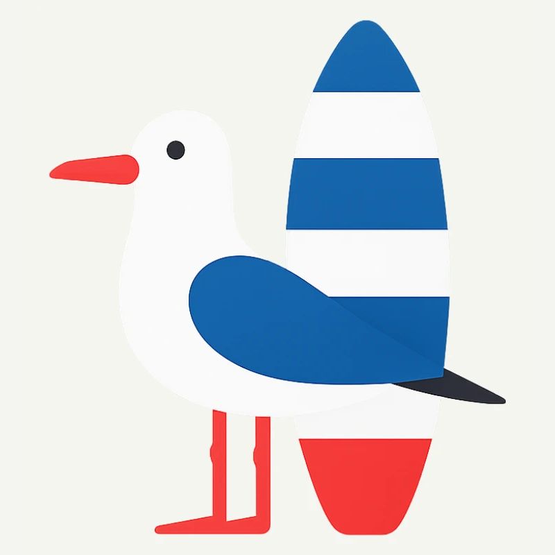 Mouette avec planche de surf