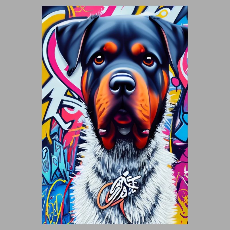 Chien rottweiler en manteau de fourrure devant les graffitis |Pop Art