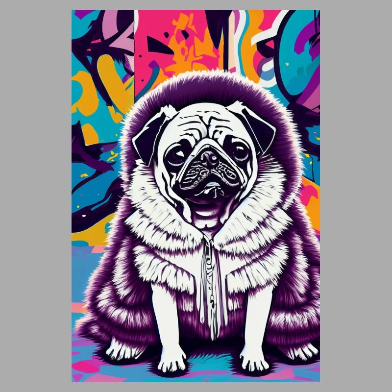 Carlin en manteau de fourrure devant un mur de graffitis | Pop art