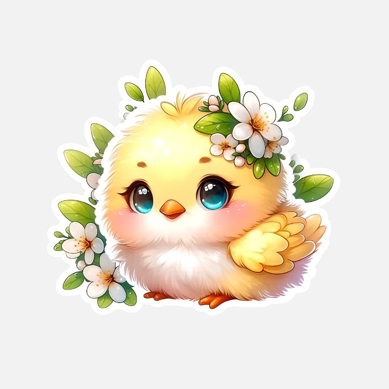 Sweet Easter Chick With Spring Flowers