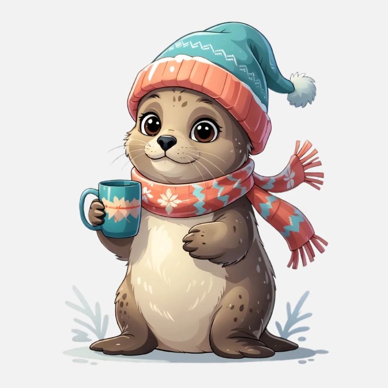Winter otter with cup and scarf
