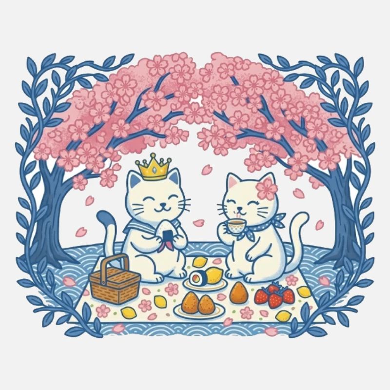 Real cats on picnic between sakura