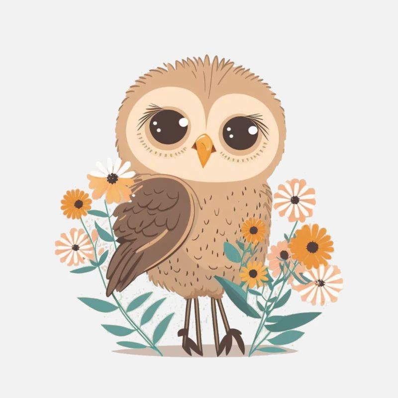 Hibou mignon dans la forêt de fleurs 2