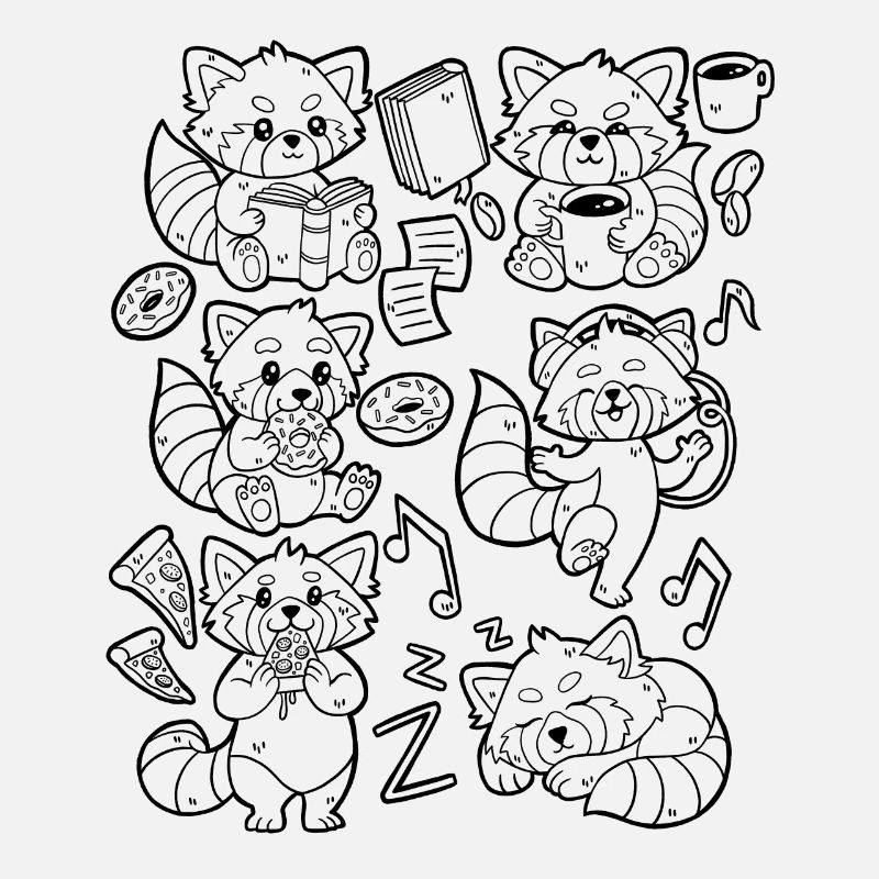 Red Panda Doodle: Kaffee, Pizza, Donut, Musik