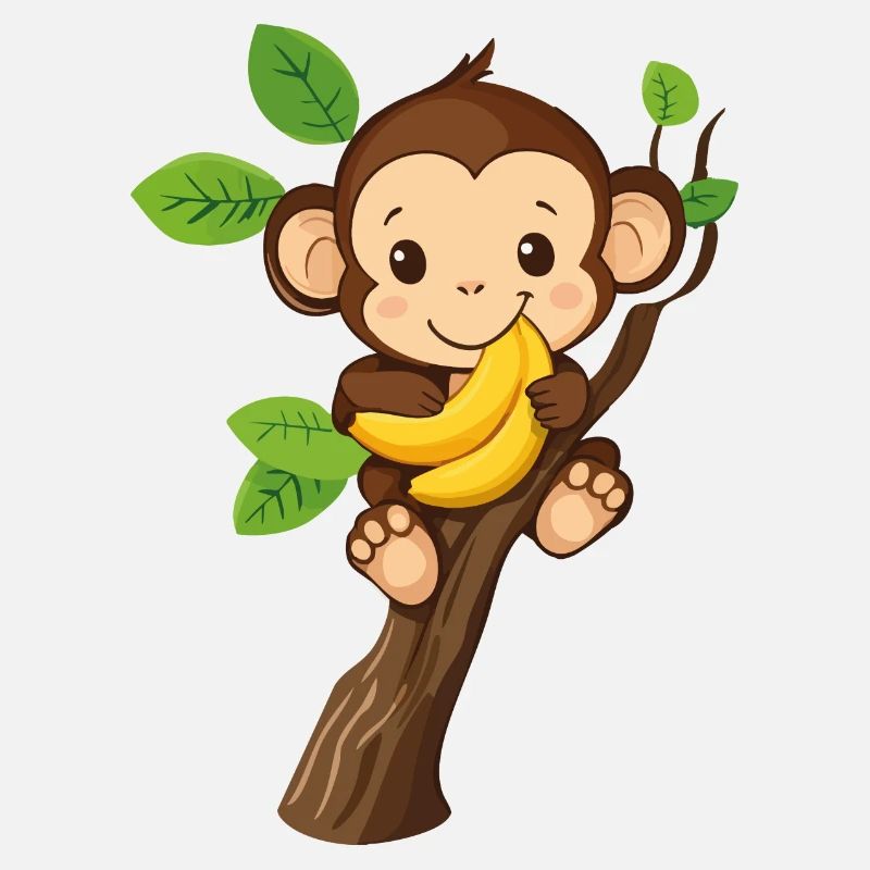 Äffchen sitzt auf Baum und hat Bananen gefunden