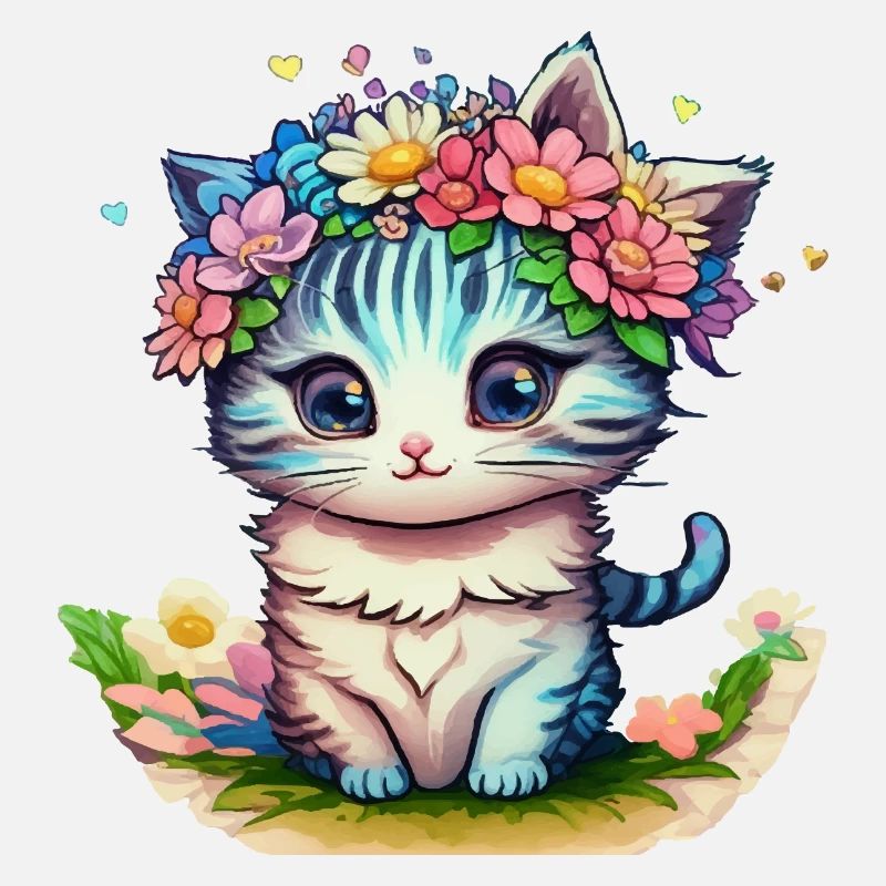Chaton avec couronne de fleurs