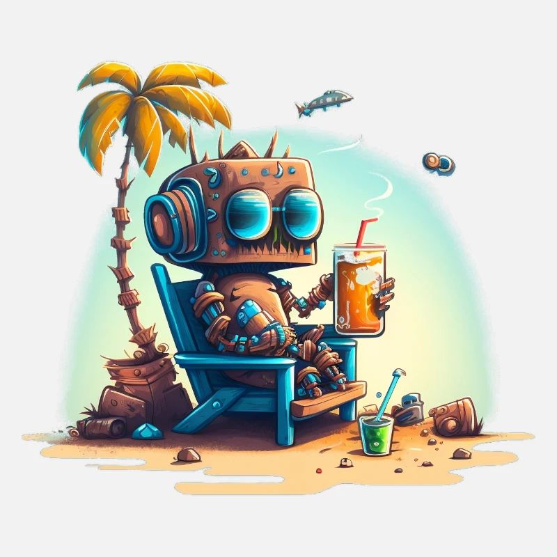 Roboter auf einem Liegestuhl unter einer Palme