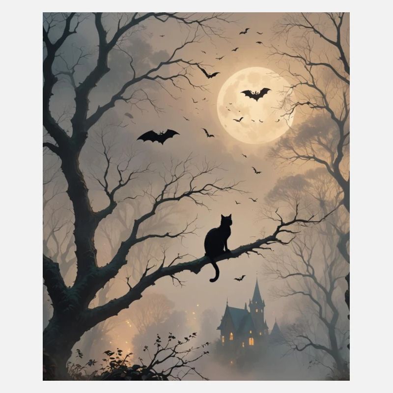 Halloween Schwarze Katze Silhouette und Fledermäuse