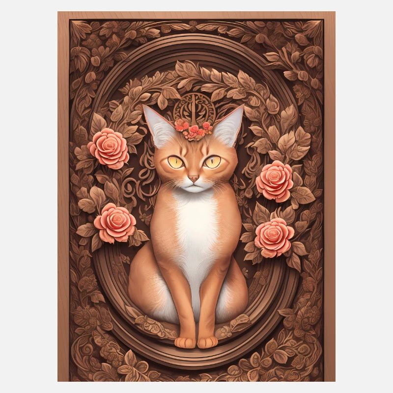 Gravure sur bois d’un chat avec des roses