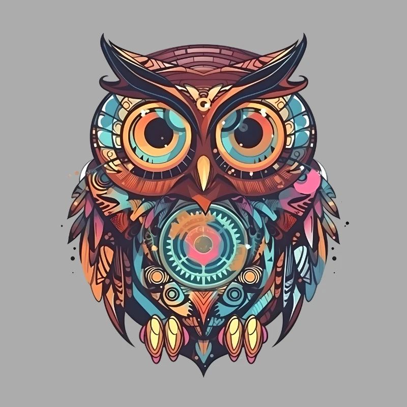 Cute owl with clockwork, comic style, geometric