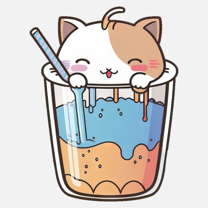 Kawaii Mignon Heureux Chat Coloré Buvant Bubble Tea