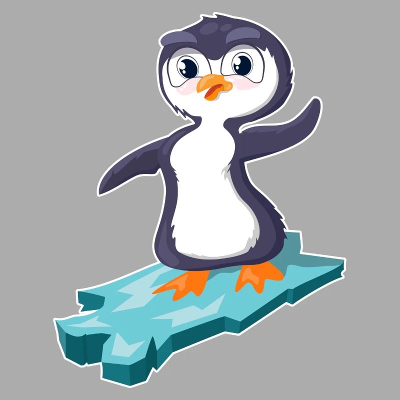 Pinguin surft auf einer Eisscholle
