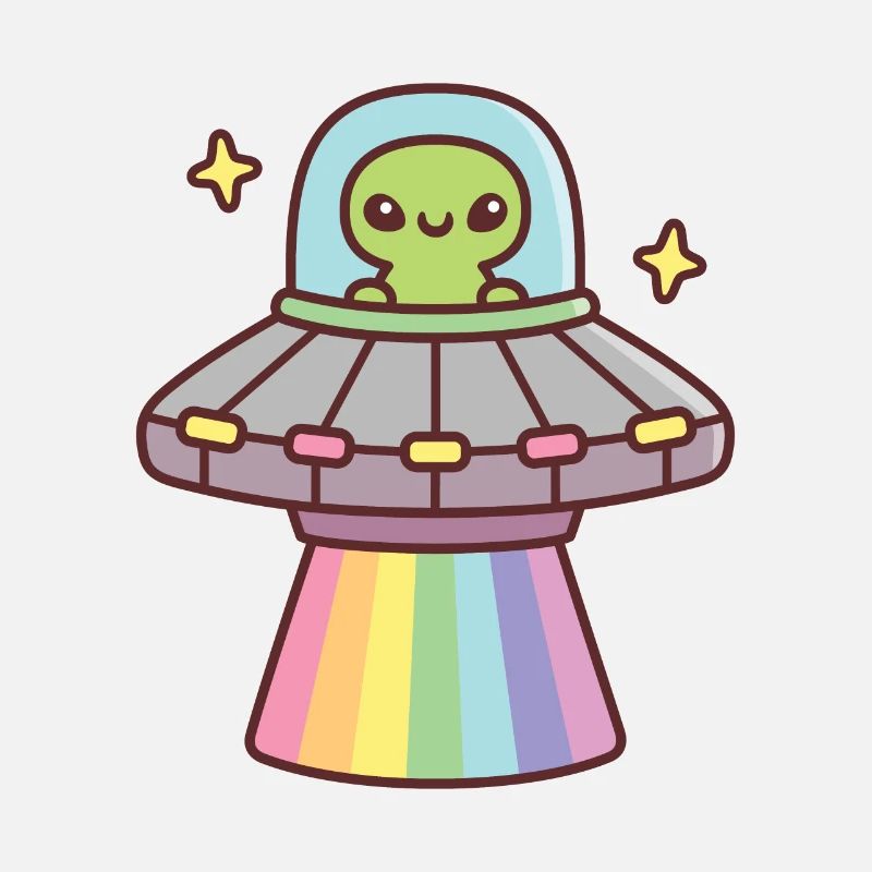 Süßes Alien im UFO-Raumschiff mit Regenbogenstrahl