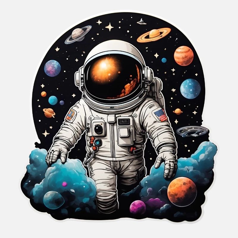 Astronaute sur la route dans l’espace avec des planètes
