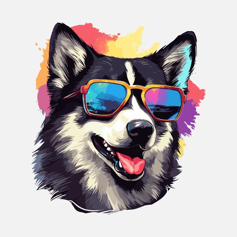 Bunte Alaskan Husky-Hunderasse mit Sonnenbrille