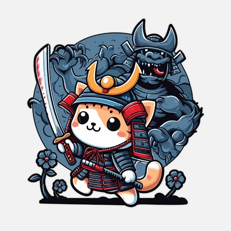 Chat ninja samouraï et monstre derrière