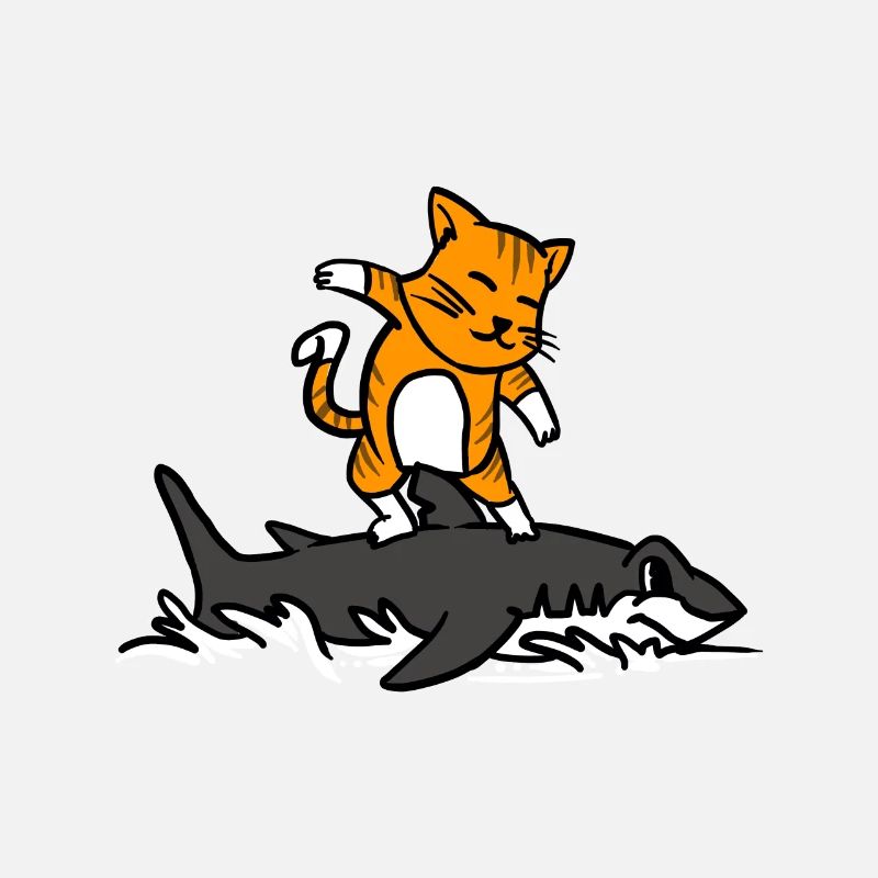 Chat chevauchant un requin Dessin animé drôle Surf Graphique
