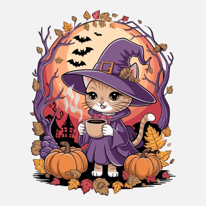 Süße Halloween Katze im Hexenkostüm