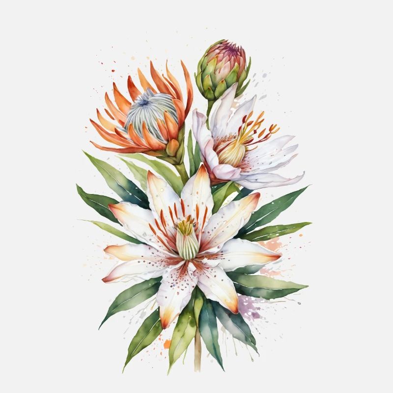 Lys asiatiques et fleurs de Protea Art de l’aquarelle