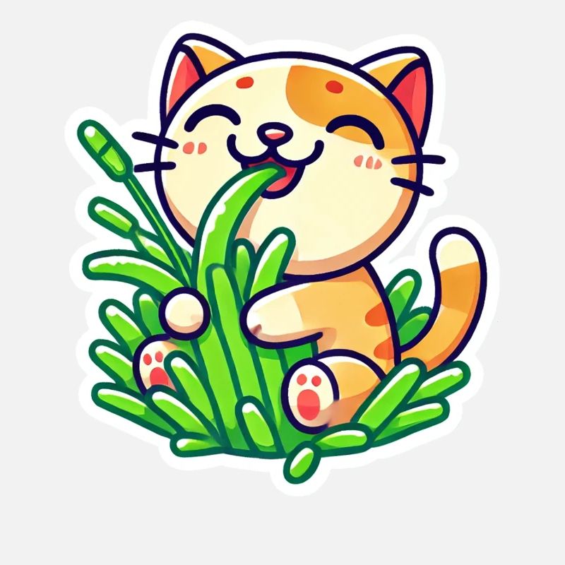 Chat roux mignon mangeant de l’herbe verte