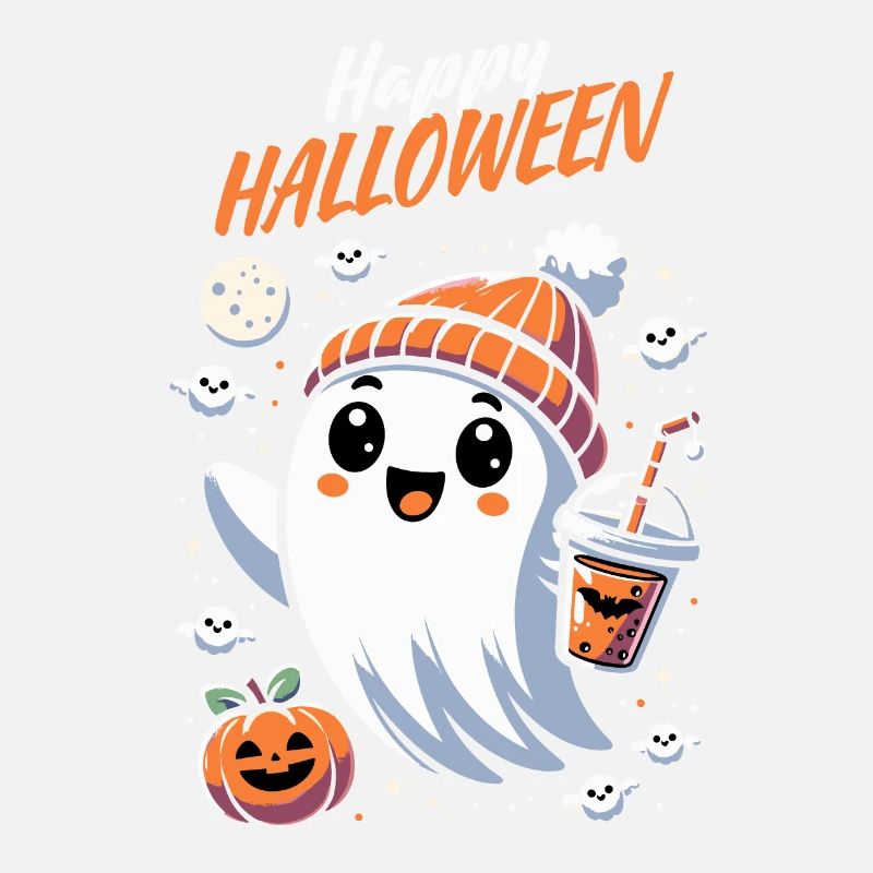 Happy Halloween Ghost Bubble Tea Beanie Pumpkin Fun